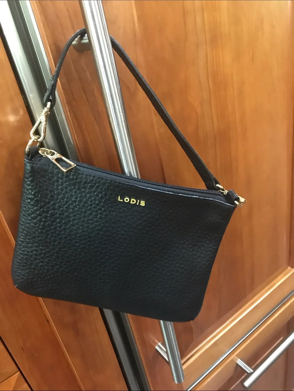 LODIS Black Pebbled Leather 2 Ways Chain Strap Zipper Clutch Crossbody Bag
